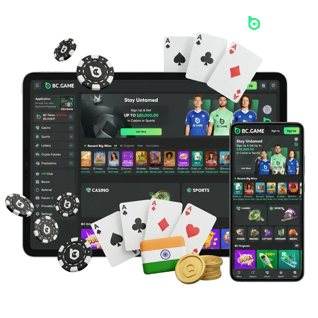 BC Game mobile app on Android and iOS devices showing casino games and sportsbook with welcome bonus offer